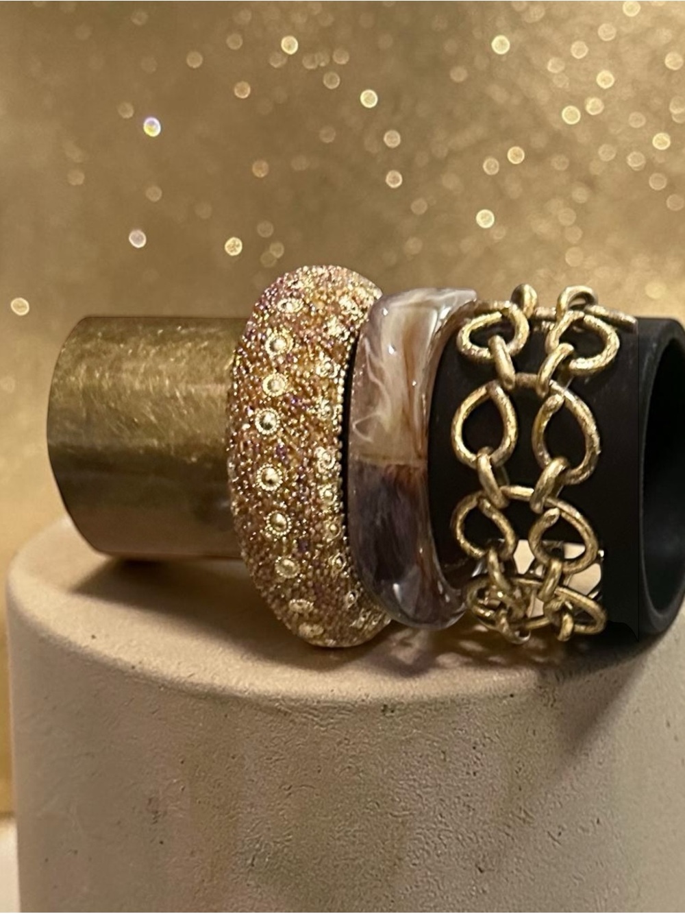 Vintage Boho Gold Chunky Bracelet Stack • Textured Resin & Link Chains